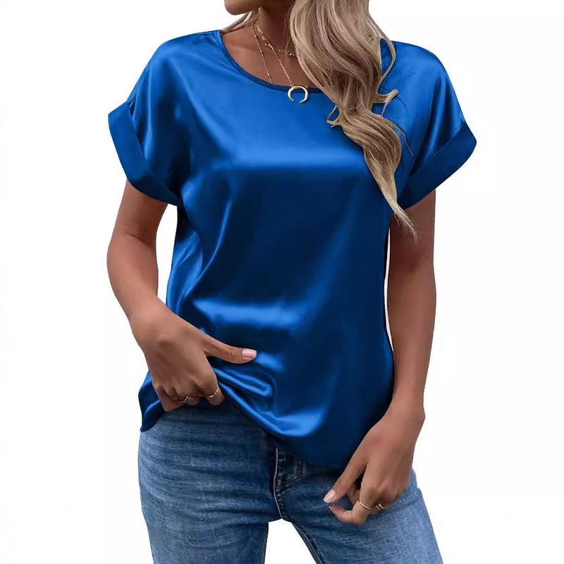Fashion 2025 Summer Source Ol Temperament Sade Pullover Round Neck Straight Tube Women'S T-Shirt Primary Source - Image 3