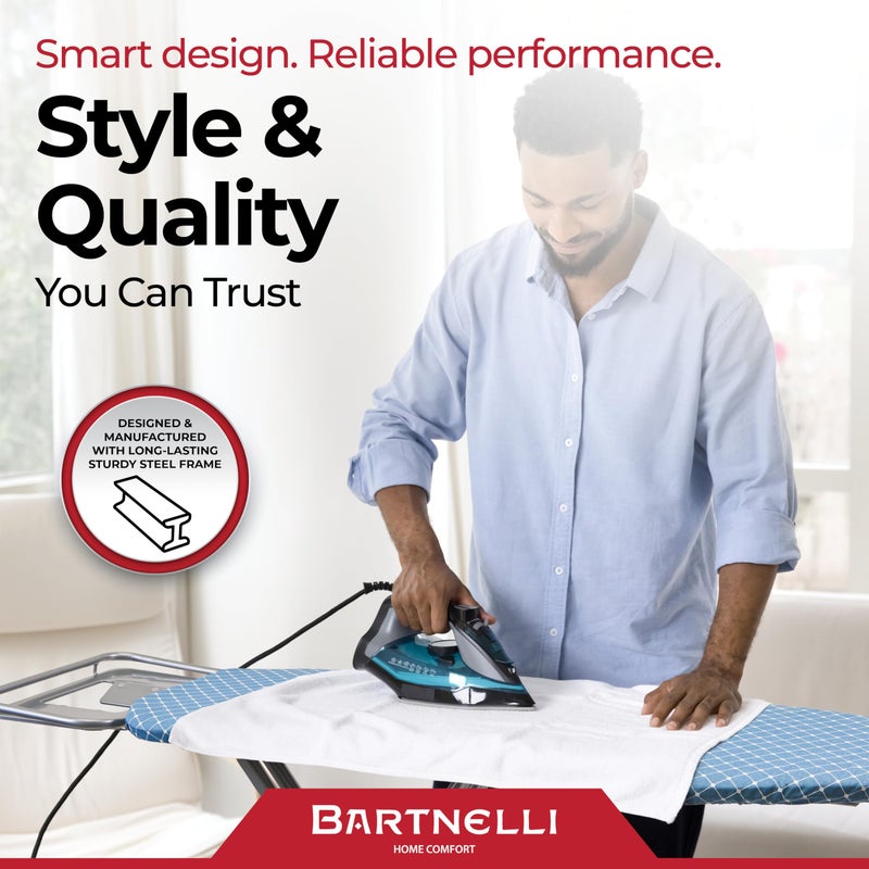 Bartnelli Premium Full-Size Ironing Board 45x15 Inch Large Surface, Integrated Upgraded Iron Rest with Hanger Rack, Height Adjustable, Heavy-Duty Metal Frame, 4 Non-Skid Feet, 4-Layer Cover & Pad - Image 5