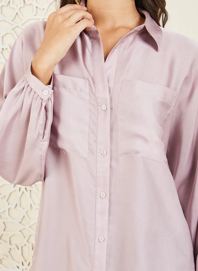 Styli Double Pocket Detail Balloon Sleeve Shirt