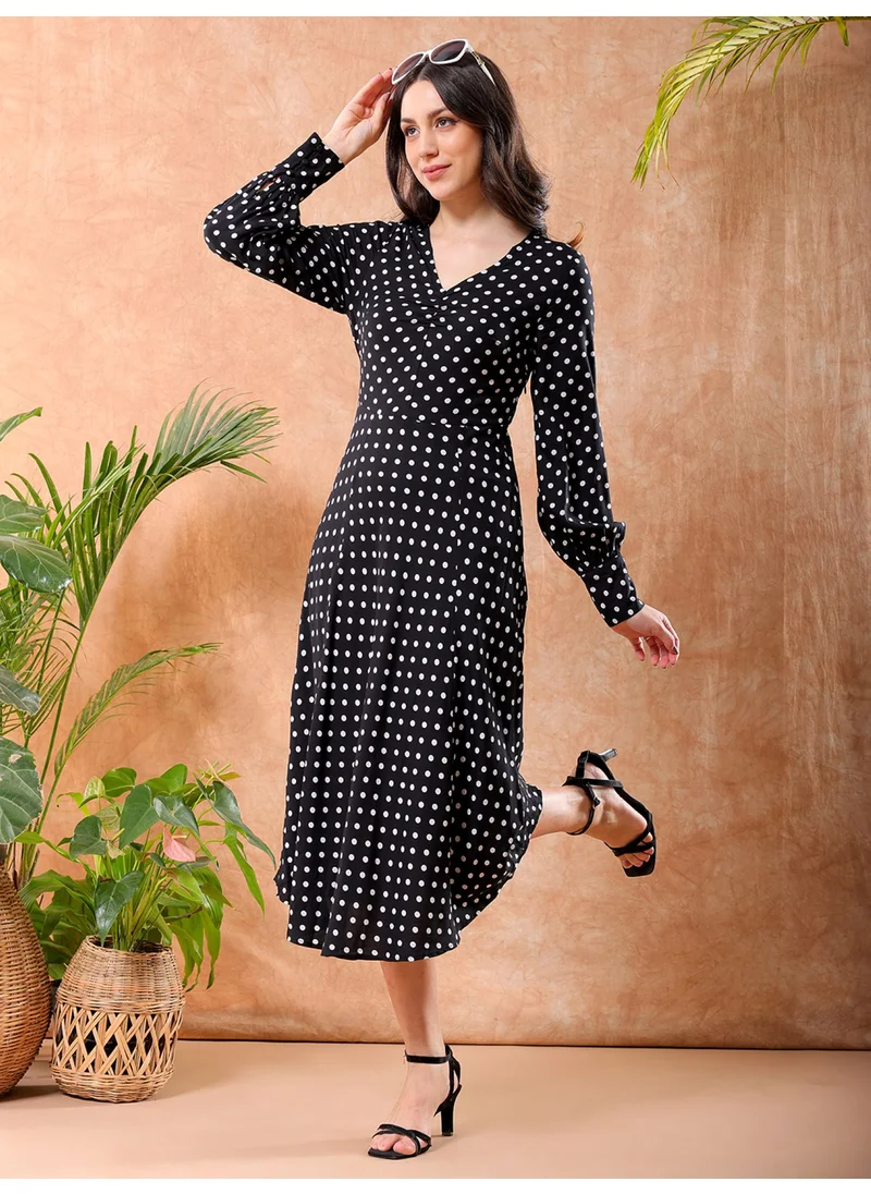 Freehand Women Casual Fit And Flare Polka Dot Printed V-Neck Midi Sheath Dress