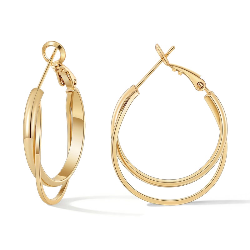 Gacimy 14K Gold Plated Criss Cross Hoop Earrings for Women, 3mm Wide Double Layer Flat Crossover Hoops, 25mm Lightweight Statement Earrings - Image 1