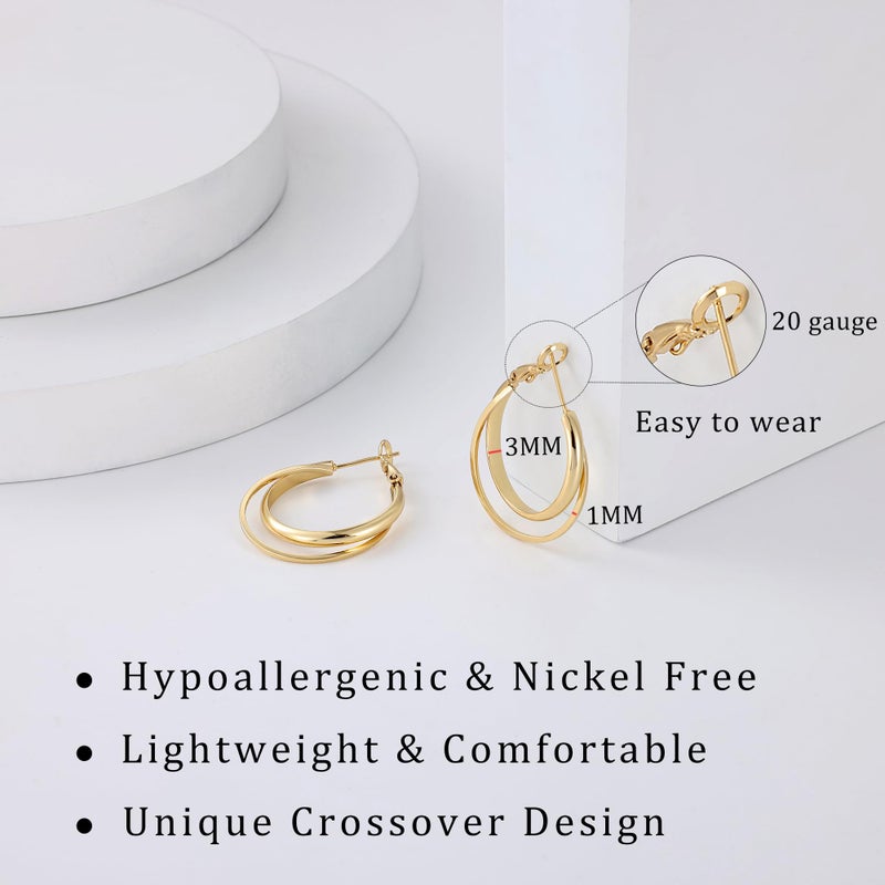 Gacimy 14K Gold Plated Criss Cross Hoop Earrings for Women, 3mm Wide Double Layer Flat Crossover Hoops, 25mm Lightweight Statement Earrings - Image 3