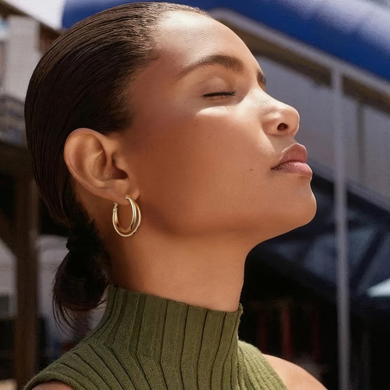 Gacimy 14K Gold Plated Criss Cross Hoop Earrings for Women, 3mm Wide Double Layer Flat Crossover Hoops, 25mm Lightweight Statement Earrings - Image 4