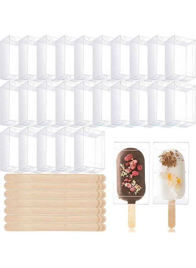 S-TOP 50 Pcs Ice Cream Cakesicle Boxes Set Include 25 Clear Pet Cake Plastic Candy Gift Bags And Wooden Sticks Treat For Diy Baking Wedding Baby Shower Birthday Party - Image 1