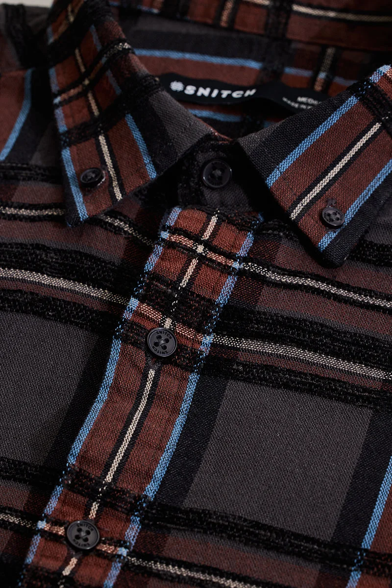 SNITCH Charcoal Grey Checkered Long Sleeve Slim Fit Casual Shirt