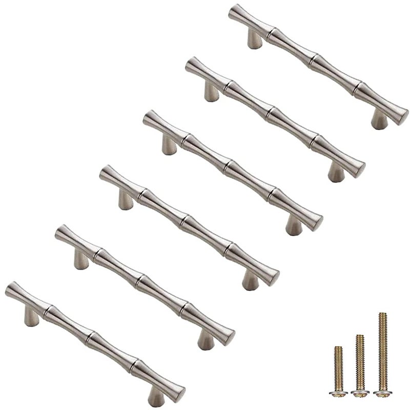ESreake 6Pcs Bamboo Shape Solid Zinc Alloy Cabinet Pulls Handles Dresser Drawer Cabinet Cupboard Closet Door Pulls Decorative Furniture Accessories Knobs Length 49Hole Distance 38 Silver