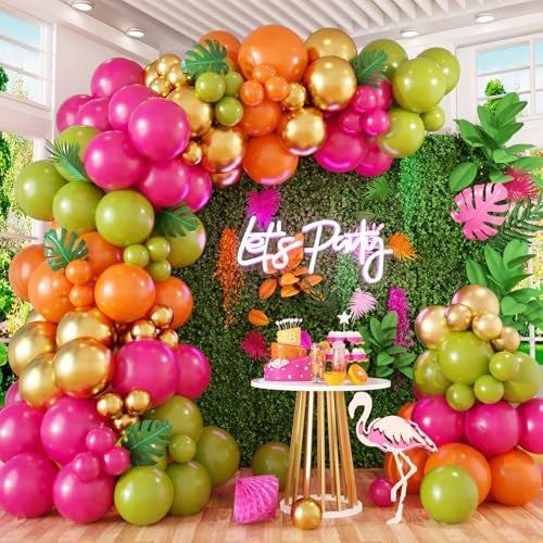 Paeyeq Tropical Hawaiian Balloons Arch Garland Kit Olive Green and Hot Pink Orange Gold Balloons for Kids Hawaii Summer Beach Luau Aloha Pool Birthday Flamingo Baby Shower Party Decorations Supplies - Image 1