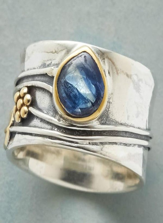 Hsitgexf Vintage Rotating Ring Fidget Ring Teardrop Pear-shaped Navy Blue Zirconia Swivel Ring,Woman's Nostalgic Memorial Stress Relief Ring Chunky Antique Silver Wide Band Ring (6) - Image 4