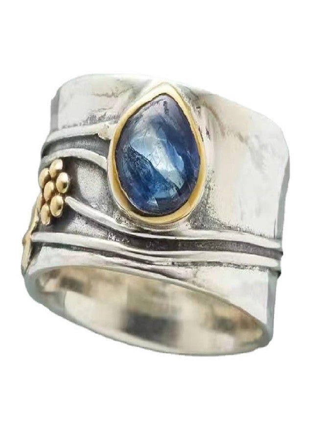 Hsitgexf Vintage Rotating Ring Fidget Ring Teardrop Pear-shaped Navy Blue Zirconia Swivel Ring,Woman's Nostalgic Memorial Stress Relief Ring Chunky Antique Silver Wide Band Ring (6) - Image 1