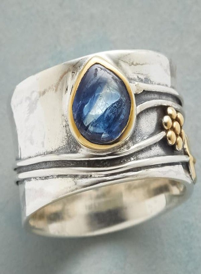 Hsitgexf Vintage Rotating Ring Fidget Ring Teardrop Pear-shaped Navy Blue Zirconia Swivel Ring,Woman's Nostalgic Memorial Stress Relief Ring Chunky Antique Silver Wide Band Ring (6) - Image 3