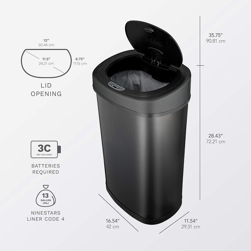 Ninestars DZT-50-9BK Automatic Touchless Infrared Motion Sensor Trash Can, 13.2 Gal 50L, Black Steel Base (Oval, Black Lid) - Image 2
