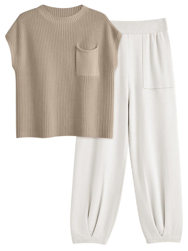 LILLUSORY Two 2 Piece Sets Womens 2025 Spring Summer Matching Lounge Sweatsuits Sweat Suits Trendy Travel Beach Vacation Fashion Resort Wear Outfits Knit Loungewear Clothes Clothing White S - Image 1