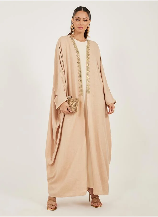 ستايلي Textured Batwing Sleeve Abaya with Lace Detail