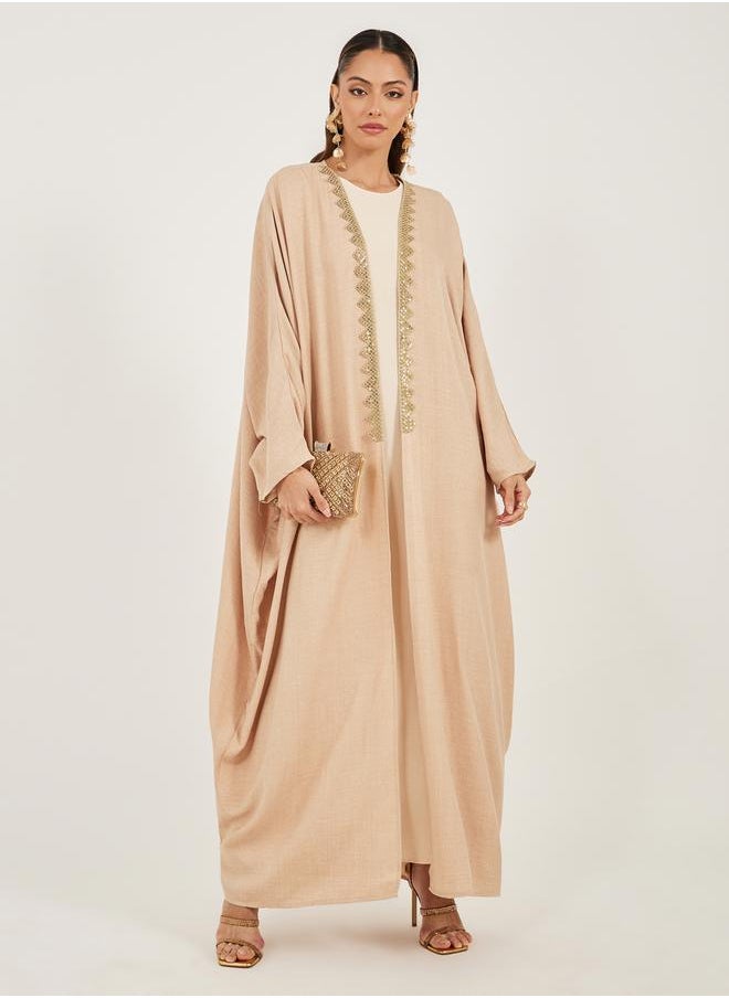 Styli Textured Batwing Sleeve Abaya with Lace Detail  - Image 1