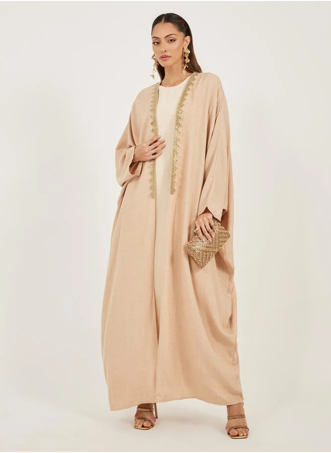 ستايلي Textured Batwing Sleeve Abaya with Lace Detail