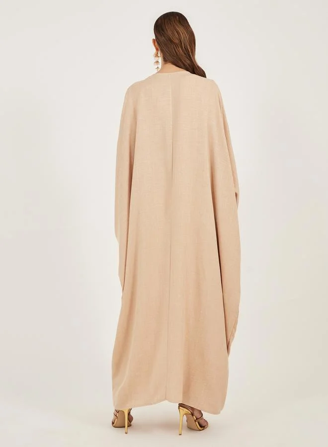 Styli Textured Batwing Sleeve Abaya with Lace Detail