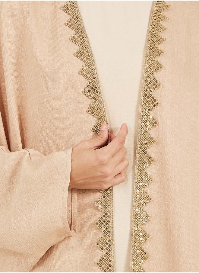 Styli Textured Batwing Sleeve Abaya with Lace Detail  - Image 4