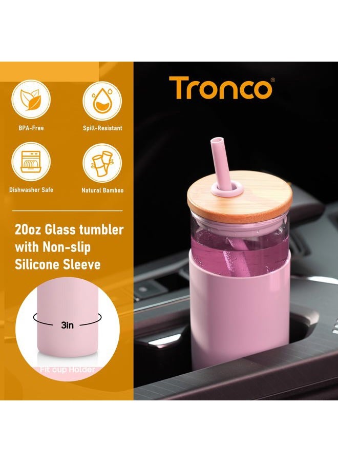 tronco 20 oz Glass Tumbler with Lid and Straw, Iced Coffee Cup and Smoothie Cup with Bamboo Lids & Protective Silicone Sleeve, Dishwasher Safe, BPA-Free, Glass Cup 1 Pack - Image 2