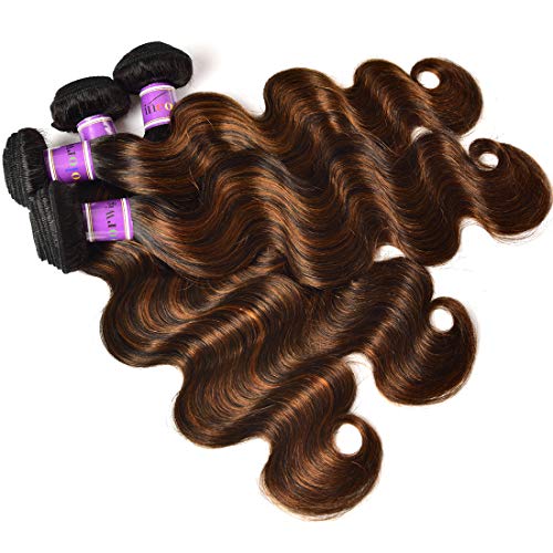 UNice Ombre Brown Highlight Body Wave Human Hair Weave 1 bundle 26 inch, Brazilian Remy Hair Dark Root Blonde Human Hair Weaves Extension Piano Color TFB30 - Image 5
