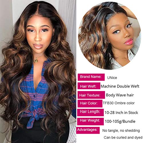 UNice Ombre Brown Highlight Body Wave Human Hair Weave 1 bundle 26 inch, Brazilian Remy Hair Dark Root Blonde Human Hair Weaves Extension Piano Color TFB30 - Image 4