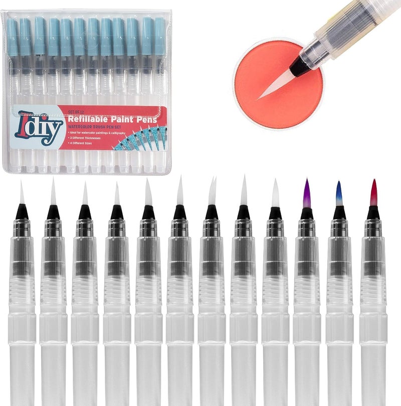 SCS Direct Refillable Water Color Brush Pen Set of 24 (3 Different Thicknesses & 8 of Each Size) Multi Purpose Artist Grade Watercolor Brushes for DIY Painting & Lettering - Image 1