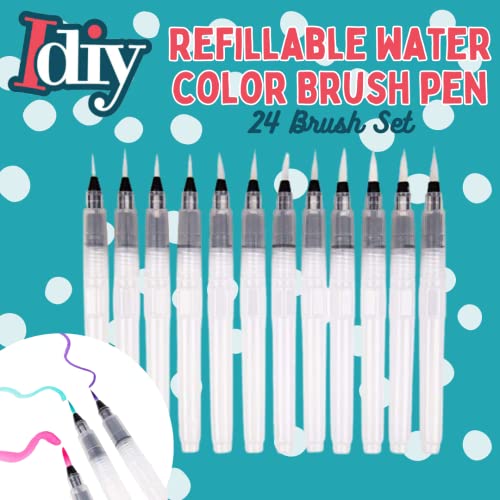 SCS Direct Refillable Water Color Brush Pen Set of 24 (3 Different Thicknesses & 8 of Each Size) Multi Purpose Artist Grade Watercolor Brushes for DIY Painting & Lettering - Image 2