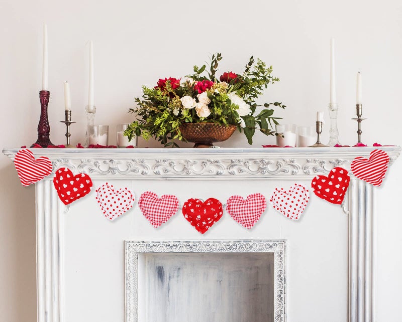 Whaline Valentines Day Heart Banner 3D Pink White Heart Garland PreAssembled Heart Fabric Bunting Garland for Day Wedding Anniversary Party Hanging Decorations