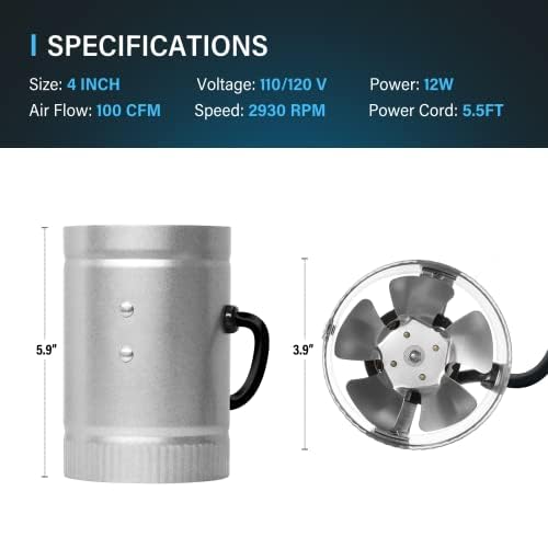 iPower مروحة قنوات تعزيز هواء iPower بقطر 4 بوصات 100 CFM لنظام التهوية HVAC مع ضوضاء منخفضة لخيمة النمو، القبو، الحمامات، المطابخ والعلية - Image 5