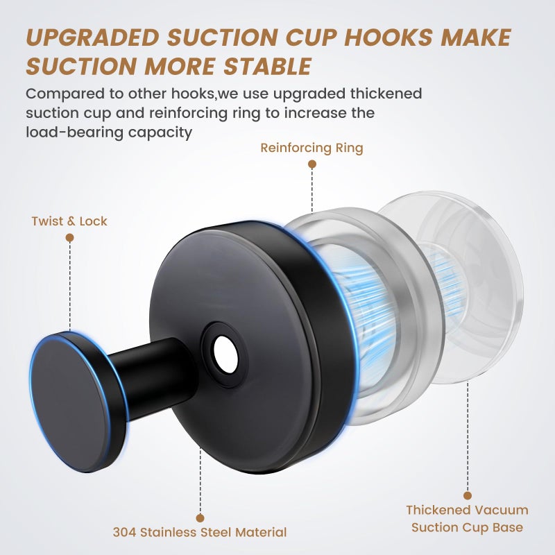 BKV Suction Cup Hooks for Glass Window,Removable Shower Hooks for Inside Shower,Metal Towel Hooks for Bathrooms,4 Pack(Black) - Image 2