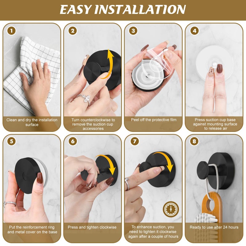 BKV Suction Cup Hooks for Glass Window,Removable Shower Hooks for Inside Shower,Metal Towel Hooks for Bathrooms,4 Pack(Black) - Image 5