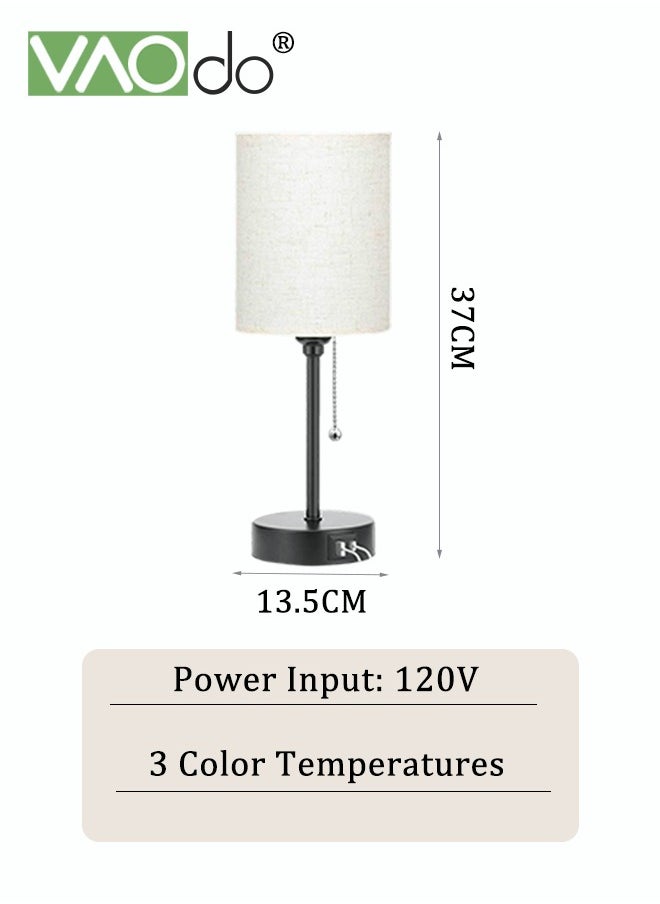 VAOdo Bedroom Lamps 3 Color Temperatures with USB C and A Ports Pull Chain Table Lamps with AC Outlet White Nightstand Lamps with Black Metal Base for Kids Reading  - Image 2