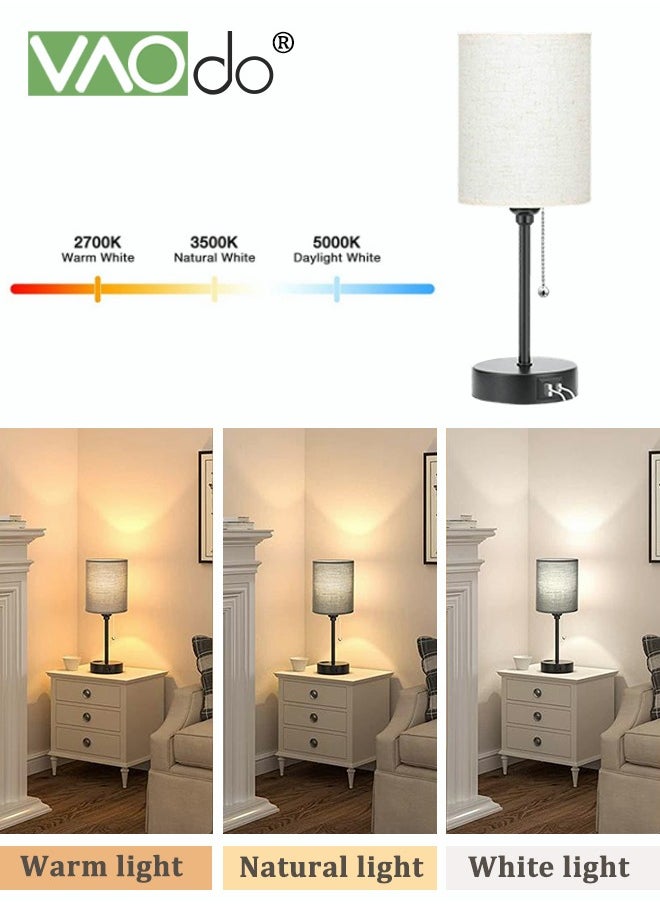 VAOdo Bedroom Lamps 3 Color Temperatures with USB C and A Ports Pull Chain Table Lamps with AC Outlet White Nightstand Lamps with Black Metal Base for Kids Reading  - Image 5