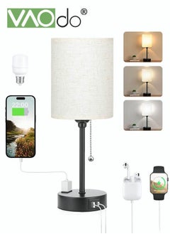 VAOdo Bedroom Lamps 3 Color Temperatures with USB C and A Ports Pull Chain Table Lamps with AC Outlet White Nightstand Lamps with Black Metal Base for Kids Reading  - Image 1