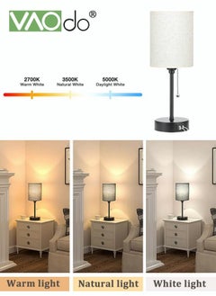 VAOdo Bedroom Lamps 3 Color Temperatures with USB C and A Ports Pull Chain Table Lamps with AC Outlet White Nightstand Lamps with Black Metal Base for Kids Reading  - Image 5