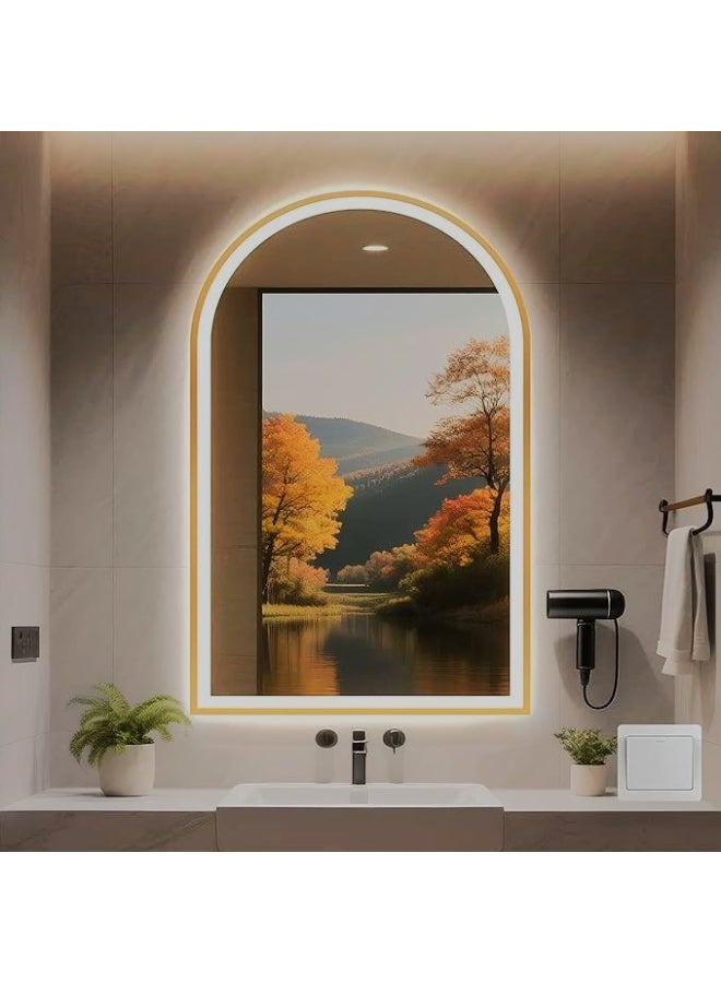 Vphom 60 x 100cm Arched Gold LED Bathroom Mirror with Lights, Wall-Mounted Vanity Mirror with Aluminium Frame, Dimmable 3-Colour Temperature, Touch-Sensor Control, Shatterproof Tempered Glass - Image 1