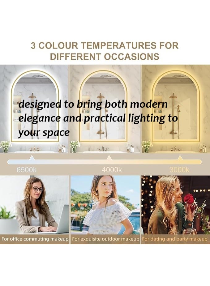 Vphom 60 x 100cm Arched Gold LED Bathroom Mirror with Lights, Wall-Mounted Vanity Mirror with Aluminium Frame, Dimmable 3-Colour Temperature, Touch-Sensor Control, Shatterproof Tempered Glass - Image 4