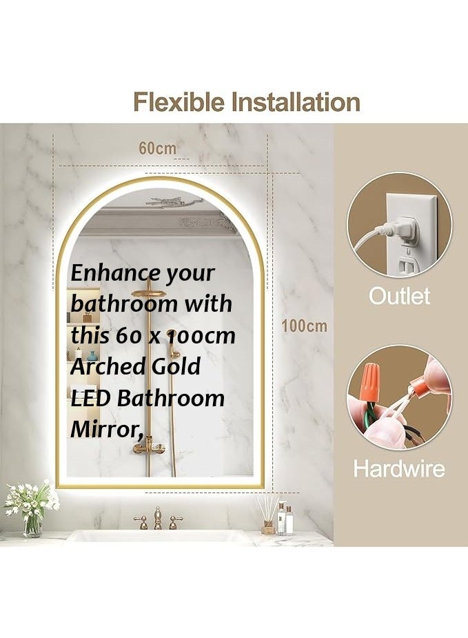 Vphom 60 x 100cm Arched Gold LED Bathroom Mirror with Lights, Wall-Mounted Vanity Mirror with Aluminium Frame, Dimmable 3-Colour Temperature, Touch-Sensor Control, Shatterproof Tempered Glass - Image 3