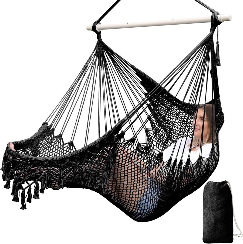Chihee Hammock Chair Super Large Soft-Spun Cotton Rope Weaving Hanging Chair, Collapsible Strong Metal Spreader Bar Wide Seat Lace Stretch Swing Chairs Indoor Outdoor Garden Yard Theme Decoration - Image 1
