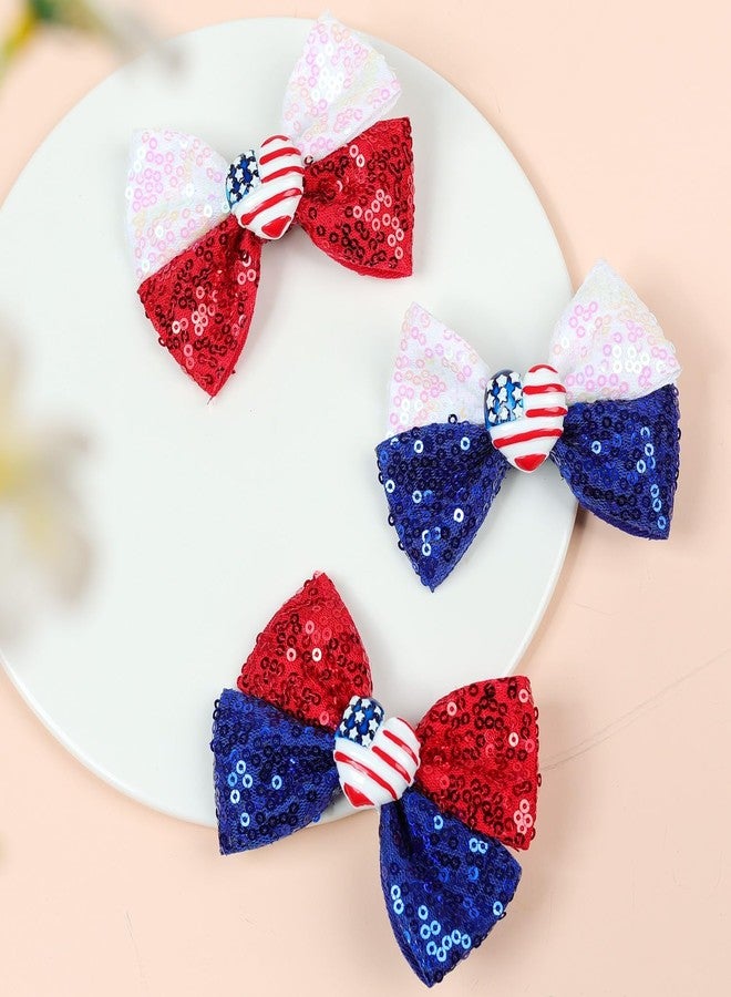 Nishine 4th of July Girls Bow Hairpins Patriotic American Flag Stars and Stripes Barrette Hair Clips for Independence Day Memorial Day (Sequin&Heart) - Image 4