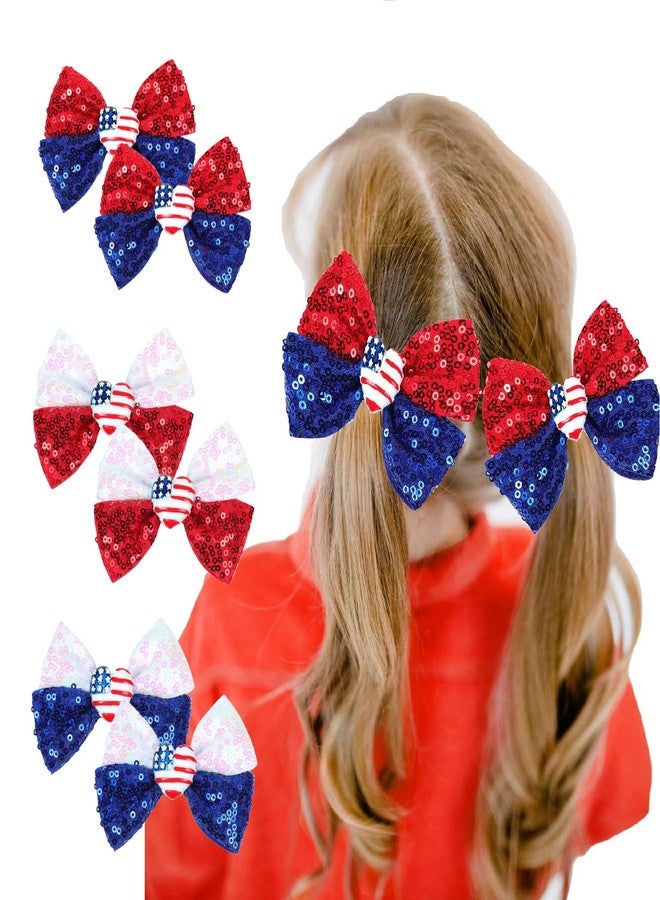 Nishine 4th of July Girls Bow Hairpins Patriotic American Flag Stars and Stripes Barrette Hair Clips for Independence Day Memorial Day (Sequin&Heart) - Image 1