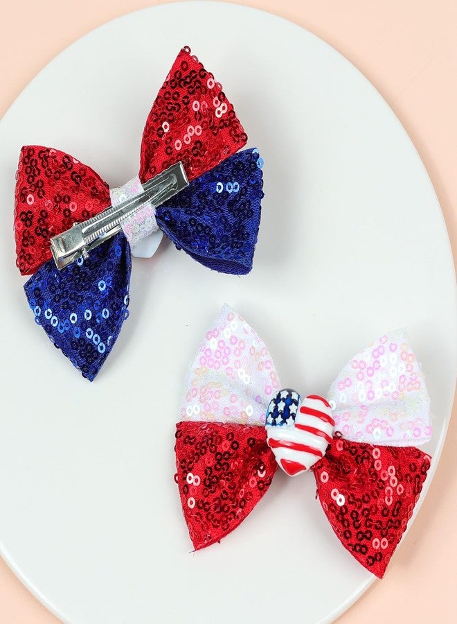 Nishine 4th of July Girls Bow Hairpins Patriotic American Flag Stars and Stripes Barrette Hair Clips for Independence Day Memorial Day (Sequin&Heart) - Image 5
