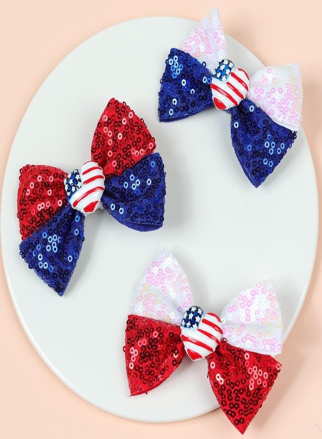 Nishine 4th of July Girls Bow Hairpins Patriotic American Flag Stars and Stripes Barrette Hair Clips for Independence Day Memorial Day (Sequin&Heart) - Image 3