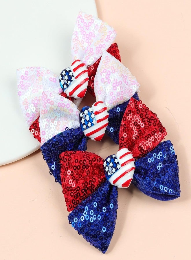 Nishine 4th of July Girls Bow Hairpins Patriotic American Flag Stars and Stripes Barrette Hair Clips for Independence Day Memorial Day (Sequin&Heart) - Image 2