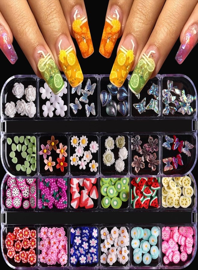 جريمج شرائح تزيين الأظافر المصنوعة من بوليمر الفاكهة، شرائح تزيين الأظافر من طين الفاكهة على شكل زهور كريستالية ملونة من Jremg، زينة أظافر ثلاثية الأبعاد لطيفة على شكل زهور أورورا، مستلزمات تزيين الأظافر على شكل بتلات مسطحة، علبتان من لوازم تزيين الأظافر، أعمال يدوية يدوية. - Image 1