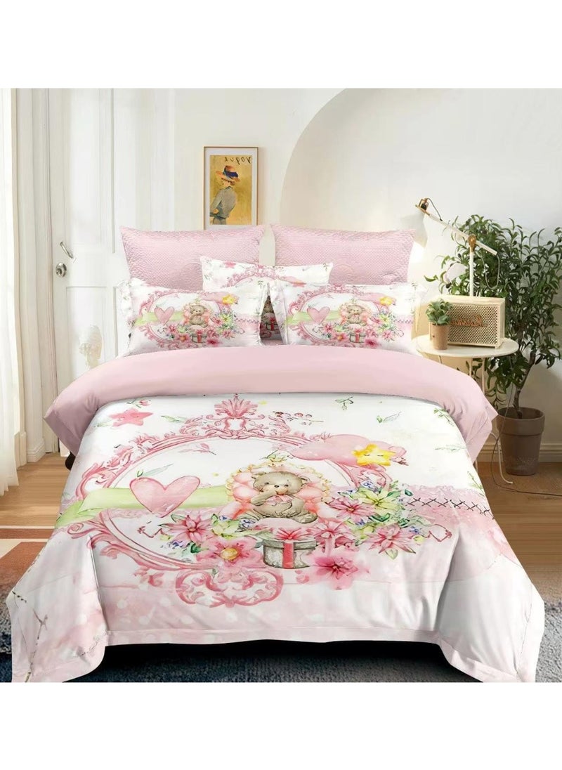 llwoo Adorable 4-Piece Pink Teddy Bear Bedding Set – Duvet Cover, Fitted Sheet & 2 Pillowcases – Cute Hearts & Teddy Design for Kids’ Room, Soft & Cozy Bed Set for Girls 
