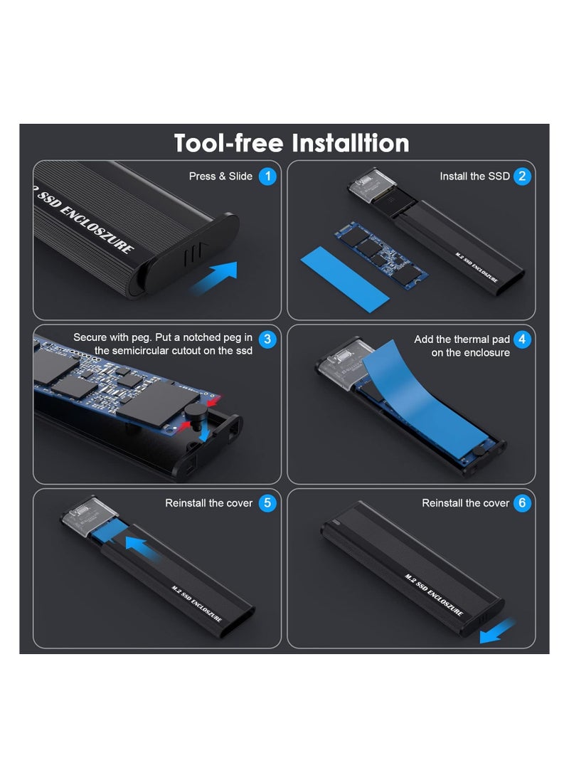 KASTWAVE - M.2 NVME SATA SSD Enclosure Aluminum Adapter, Hard Drive Enclosure, USB C Gen 2 NVME PCIe 10Gbps SATA M-Key/B+M Key External SSD Adapter, M.2 SSD Enclosure for 2230/2242/2260/2280, Support UASP Trim - Image 1