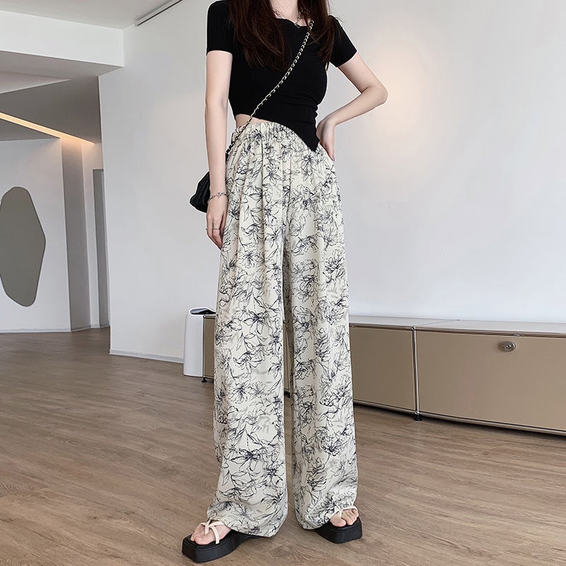 Spring Summer Tie-Dye Wide-Leg Pants for Women with Leopard Print and Casual Ice Silk Ink Late Apricot