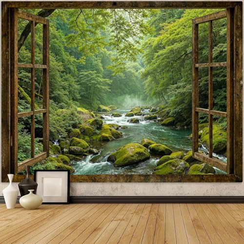 Accnicc Window Forest Tapestry Green Nature Jungle Wall Tapestry for Bedroom Aesthetic Rainforest Stream Outdoor Landscape Large Tapestries Wall Hanging for Dorm Living Room Decor 80 x 60 Inch - Image 1