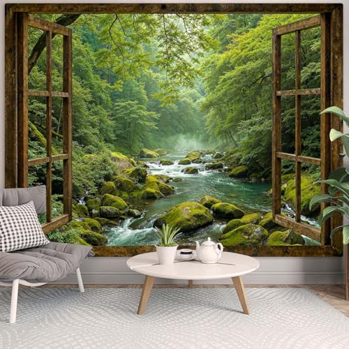 Accnicc Window Forest Tapestry Green Nature Jungle Wall Tapestry for Bedroom Aesthetic Rainforest Stream Outdoor Landscape Large Tapestries Wall Hanging for Dorm Living Room Decor 80 x 60 Inch - Image 2