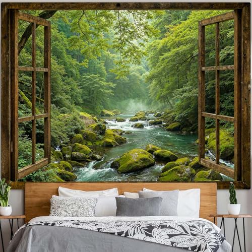Accnicc Window Forest Tapestry Green Nature Jungle Wall Tapestry for Bedroom Aesthetic Rainforest Stream Outdoor Landscape Large Tapestries Wall Hanging for Dorm Living Room Decor 80 x 60 Inch - Image 4